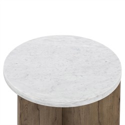 Teddie Rustic Lodge White Marble Top Brown Solid Oak Round End Table|