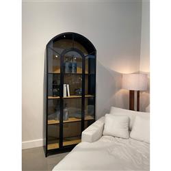 Stancil Industrial Brown Oak Wood Black Iron Clear Glass Door Arch Display Case|