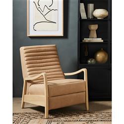 Amani Mid Century Nude Beige Leather Wood Frame Recliner Chair|