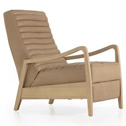 Amani Mid Century Nude Beige Leather Wood Frame Recliner Chair|