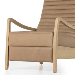 Amani Mid Century Nude Beige Leather Wood Frame Recliner Chair|
