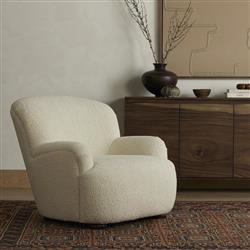 Kaden Modern Classic Cream Upholstered Boucle Brown Wood Wingback Arm Chair|