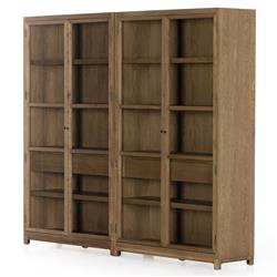 Clarence Rustic Lodge Brown Oak Wood 4 Glass Door 8 Shelf Double Display Case|