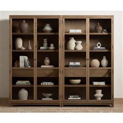 Clarence Rustic Lodge Brown Oak Wood 4 Glass Door 8 Shelf Double Display Case|