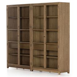 Clarence Rustic Lodge Brown Oak Wood 4 Glass Door 8 Shelf Double Display Case|