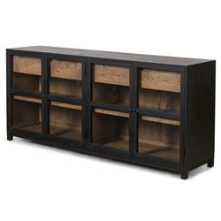 Clarence Rustic Lodge Black Oak Wood Clear Glass 4 Door Shelving Sideboard|