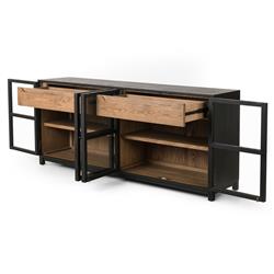 Clarence Rustic Lodge Black Oak Wood Clear Glass 4 Door Shelving Sideboard|