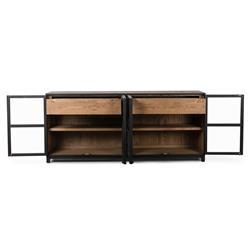 Clarence Rustic Lodge Black Oak Wood Clear Glass 4 Door Shelving Sideboard|