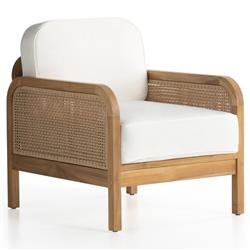 Tropica Coastal Beach Natural Teak White Upholstered Faux Rattan Outdoor Lounge Chair|