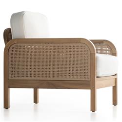 Tropica Coastal Beach Natural Teak White Upholstered Faux Rattan Outdoor Lounge Chair|