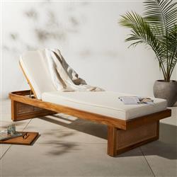 Tropica Coastal Beach Natural Teak White Upholstered Faux Rattan Outdoor Chaise Lounge|