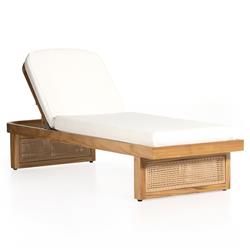 Tropica Coastal Beach Natural Teak White Upholstered Faux Rattan Outdoor Chaise Lounge|