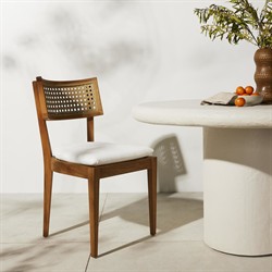 Tina Modern Classic White Upholstered Natural Teak Rattan Outdoor Dining Side Chair|