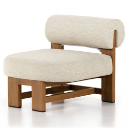 Carlo Mid Century Beige Upholstered Natural Teak Wood Frame Outdoor Lounge Chair|