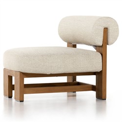 Carlo Mid Century Beige Upholstered Natural Teak Wood Frame Outdoor Lounge Chair|