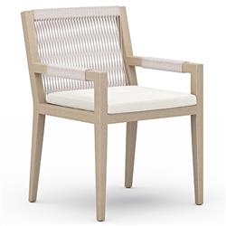 Cheryl Modern White Cushion Woven Rope Natural Teak Outdoor Dining Arm Chair|