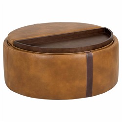 Kline Tobacco Tan Faux Leather Upholstered Round Wheeled Storage Ottoman|