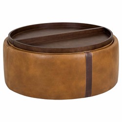 Kline Tobacco Tan Faux Leather Upholstered Round Wheeled Storage Ottoman|