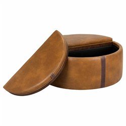 Kline Tobacco Tan Faux Leather Upholstered Round Wheeled Storage Ottoman|