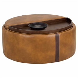 Kline Tobacco Tan Faux Leather Upholstered Round Wheeled Storage Ottoman|
