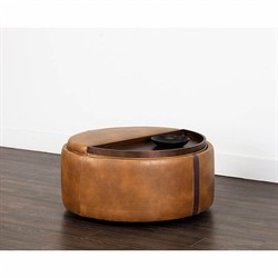 Kline Tobacco Tan Faux Leather Upholstered Round Wheeled Storage Ottoman|