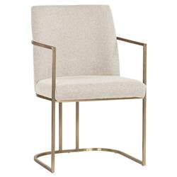 Aliyah Oatmeal Beige Upholstered Antique Brass Steel Dining Arm Chair|