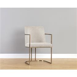 Aliyah Oatmeal Beige Upholstered Antique Brass Steel Dining Arm Chair|