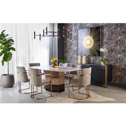 Aliyah Oatmeal Beige Upholstered Antique Brass Steel Dining Arm Chair|