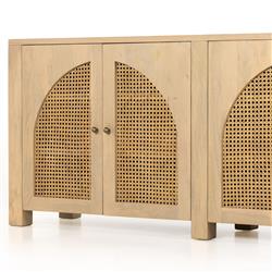 Kashton Mid Century Natural Brown Mango Wood Arched Cane 4 Door Sideboard|