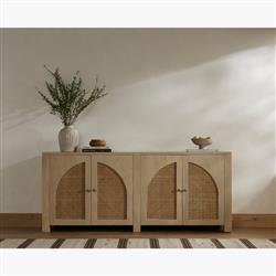 Kashton Mid Century Natural Brown Mango Wood Arched Cane 4 Door Sideboard|