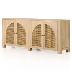 Kashton Mid Century Natural Brown Mango Wood Arched Cane 4 Door Sideboard|