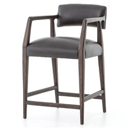 Pia Rustic Lodge Ebony Black Upholstered Leather Dark Brown Oak Counter Stool|