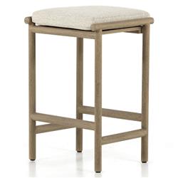 Karimm Coastal Beach Beige Upholstered Natural Teak Wood Frame Outdoor Counter Stool|