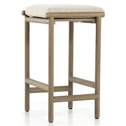 Karimm Coastal Beach Beige Upholstered Natural Teak Wood Frame Outdoor Counter Stool|