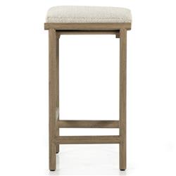 Karimm Coastal Beach Beige Upholstered Natural Teak Wood Frame Outdoor Counter Stool|