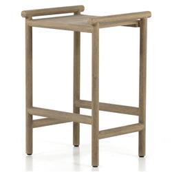 Karimm Coastal Beach Beige Upholstered Natural Teak Wood Frame Outdoor Counter Stool|