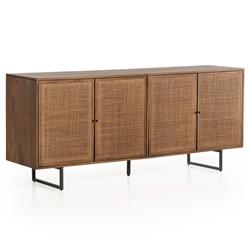 Emilie Coastal Beach Brown Mango Wood Black Iron Woven Cane 4 Door Sideboard|