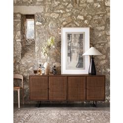 Emilie Coastal Beach Brown Mango Wood Black Iron Woven Cane 4 Door Sideboard|