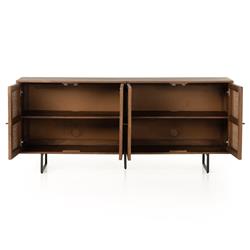 Emilie Coastal Beach Brown Mango Wood Black Iron Woven Cane 4 Door Sideboard|