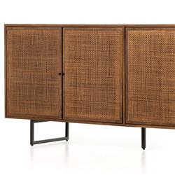Emilie Coastal Beach Brown Mango Wood Black Iron Woven Cane 4 Door Sideboard|