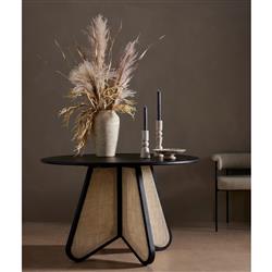 Penelope Industrial Off White Upholstered Black Iron Barrel Dining Arm Chair|