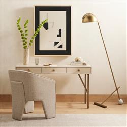 Penelope Industrial Off White Upholstered Black Iron Barrel Dining Arm Chair|