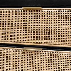 Ronaldo Coastal Beach Black Pine Wood Woven Rattan 2 Drawer Office Cabinet|