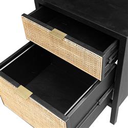 Ronaldo Coastal Beach Black Pine Wood Woven Rattan 2 Drawer Office Cabinet|