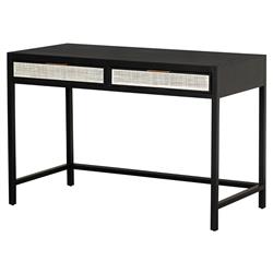 Ronaldo Coastal Beach Black Oak Wood Woven Rattan 2 Drawer Desk|