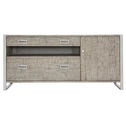 Chase Rustic Grey Pine Wood Silver Stainless Steel 2 Drawer Media Cabinet|