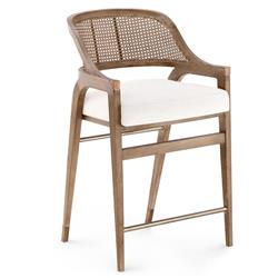 Edward Coastal White Linen Driftwood Mahogany Woven Cane Counter Stool|