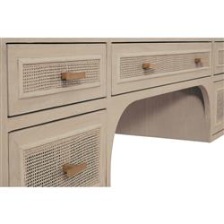 Lulu Coastal Beach Grey Oak Wood Woven Cane Panel 5 Drawer Desk|