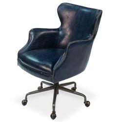 Alexander Rustic Blue Upholstered Leather Metal Nailhead Trim Swivel Office Chair|