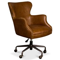 Alexander Light Brown Upholstered Leather Metal Base Nailhead Trim Swivel Office Chair|